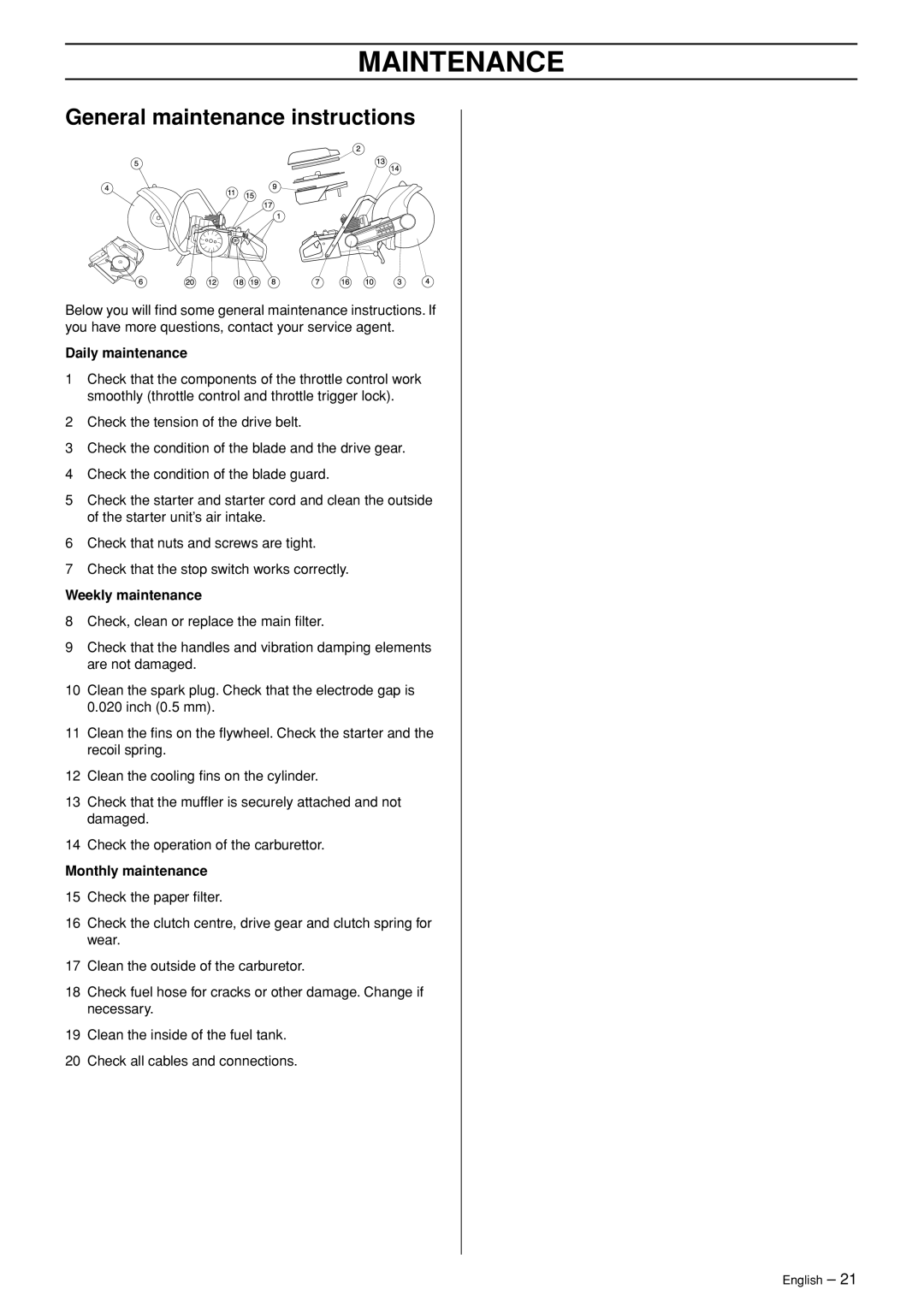 Husqvarna K960 Rescue manual General maintenance instructions, Daily maintenance, Weekly maintenance, Monthly maintenance 