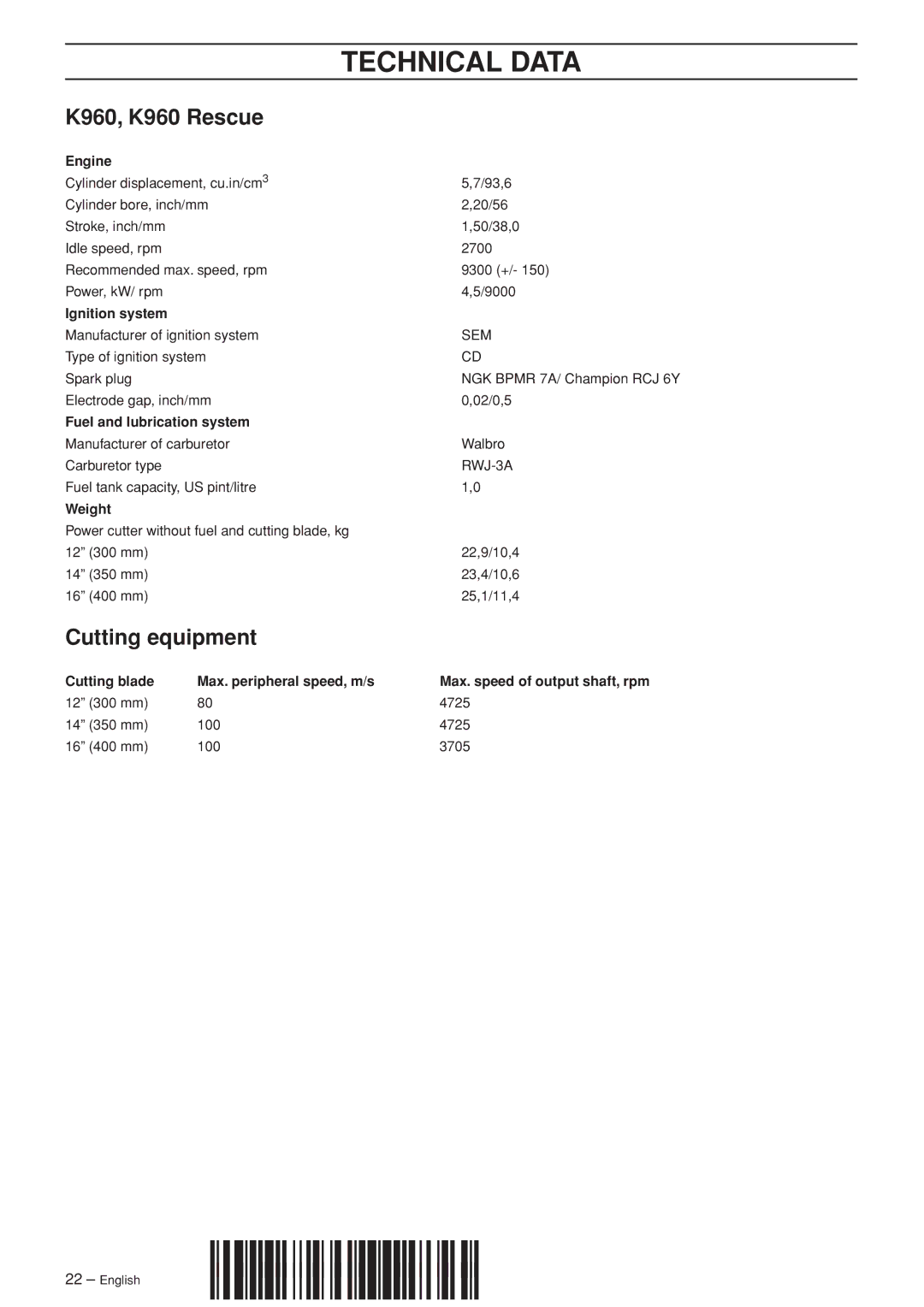 Husqvarna manual Technical Data, K960, K960 Rescue, Cutting equipment 