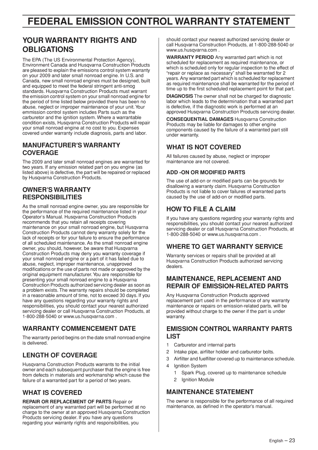 Husqvarna K960 Rescue manual Federal Emission Control Warranty Statement, Your Warranty Rights and Obligations 