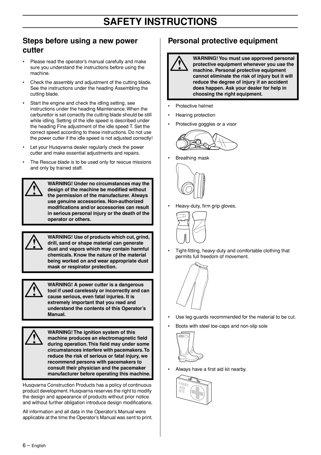 Husqvarna K960 Rescue manual Safety Instructions, Steps before using a new power cutter, Personal protective equipment 