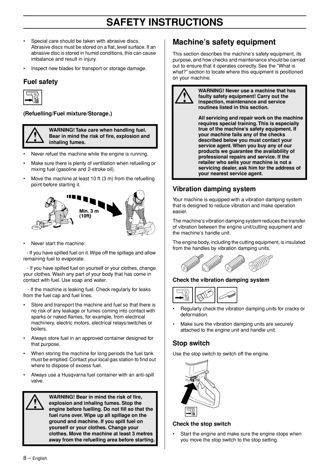 Husqvarna K960 Rescue manual Machine′s safety equipment, Fuel safety, Vibration damping system, Stop switch 