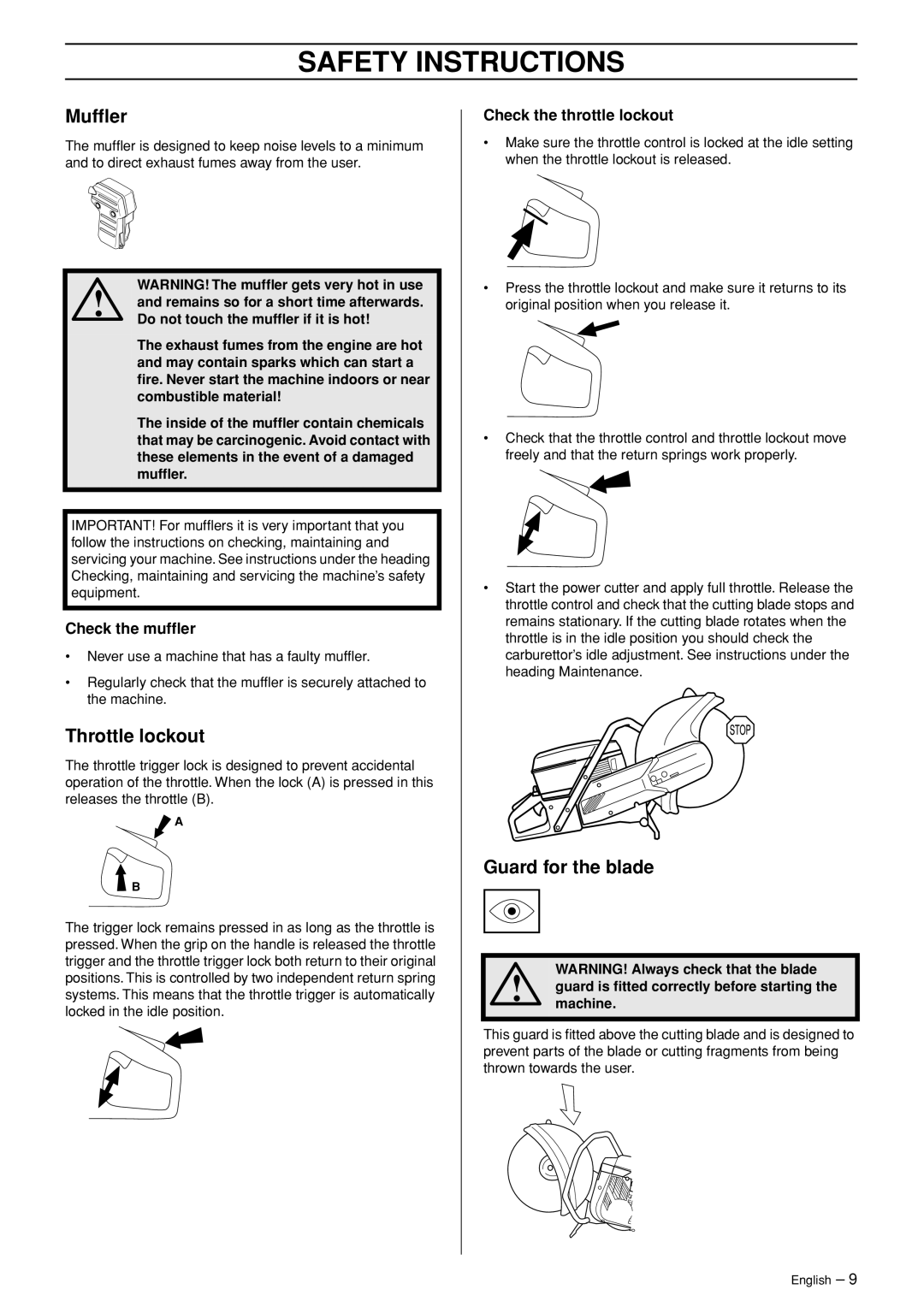 Husqvarna K960 Rescue manual Mufﬂer, Throttle lockout, Guard for the blade, Check the mufﬂer, Check the throttle lockout 