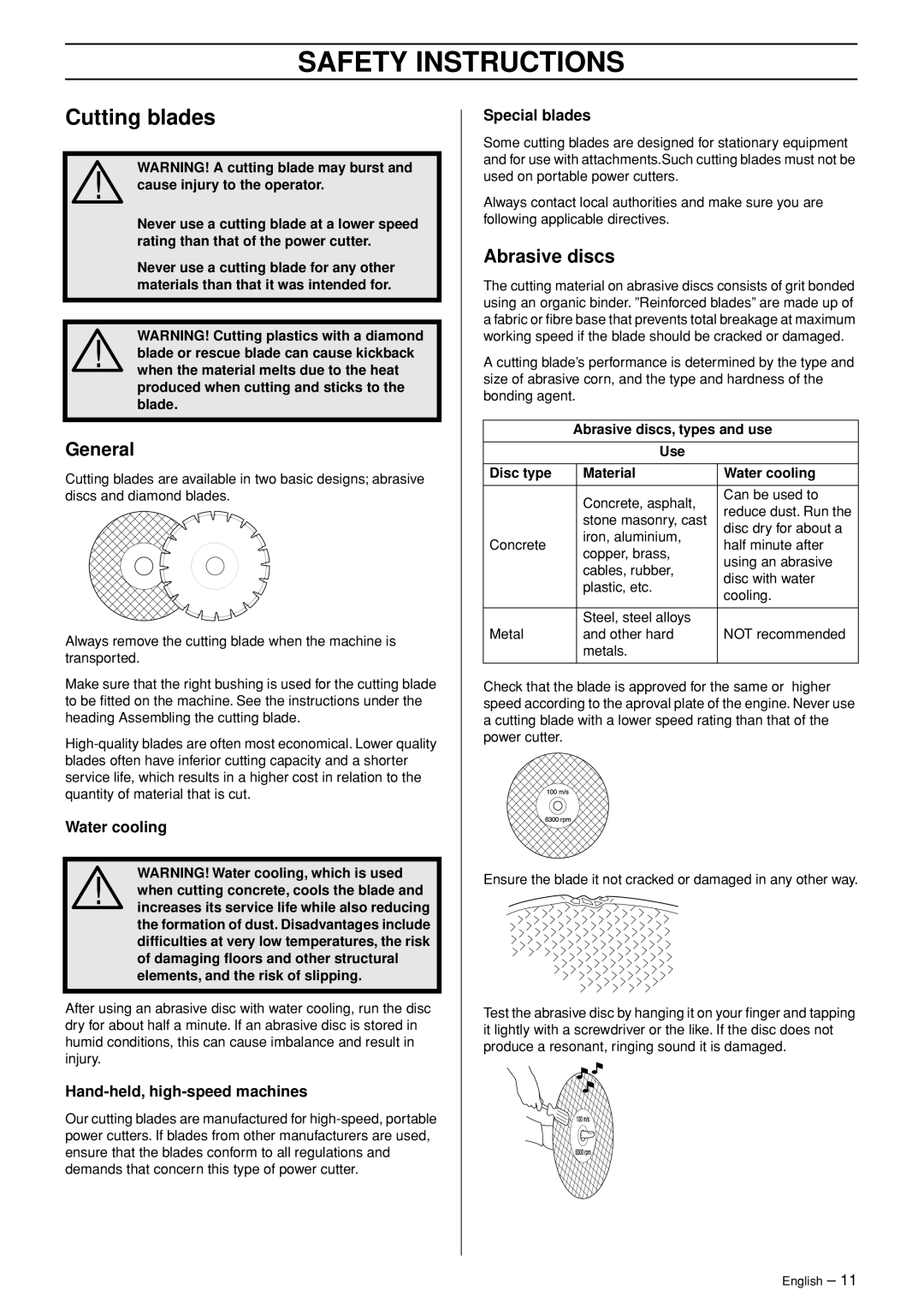 Husqvarna K960 manual Cutting blades, General, Abrasive discs 