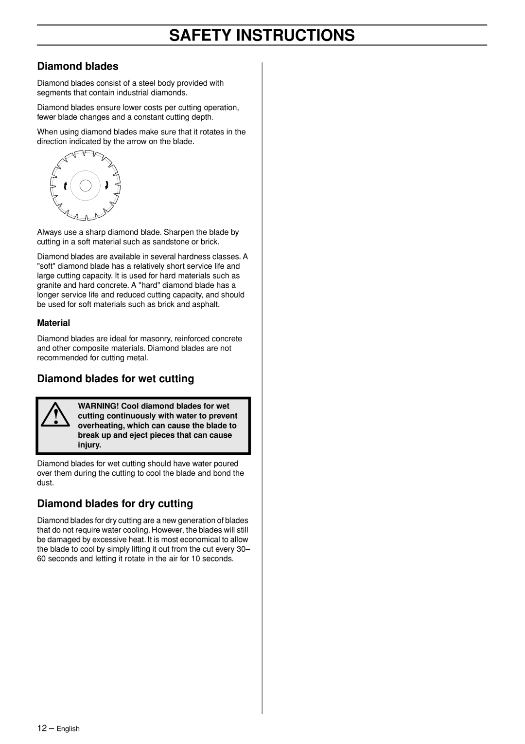 Husqvarna K960 manual Diamond blades for wet cutting, Diamond blades for dry cutting, Material 