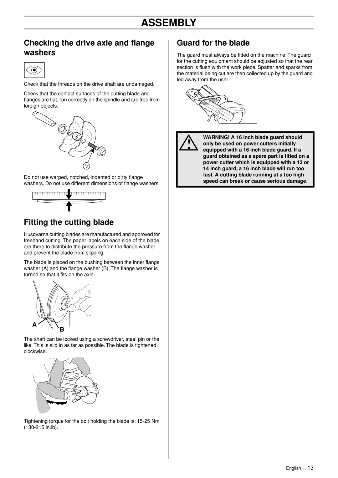 Husqvarna K960 manual Assembly, Checking the drive axle and ﬂange washers, Fitting the cutting blade, Guard for the blade 