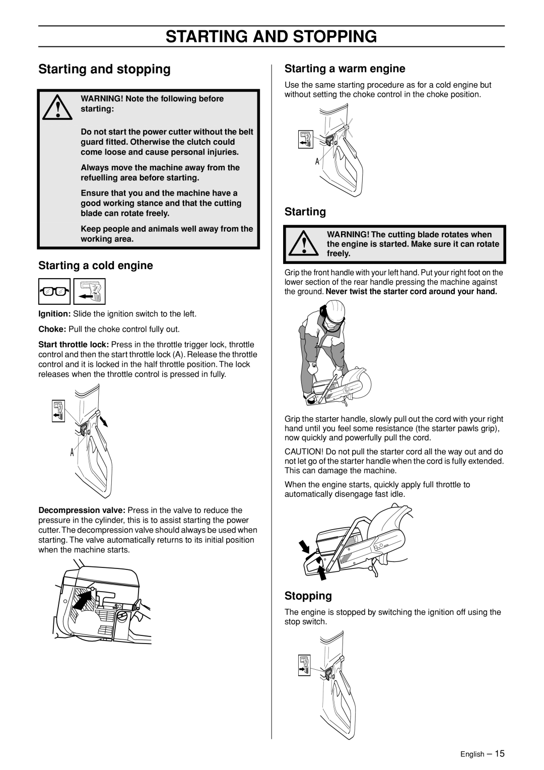 Husqvarna K960 manual Starting and Stopping, Starting and stopping 