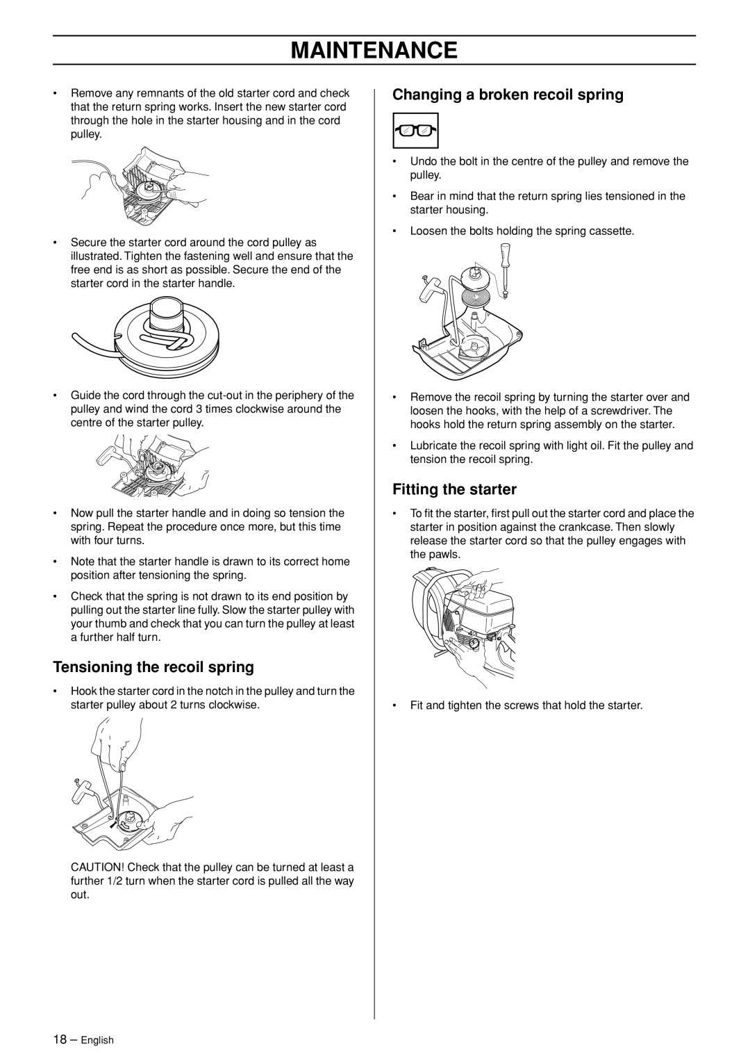 Husqvarna K960 manual Tensioning the recoil spring, Changing a broken recoil spring, Fitting the starter 