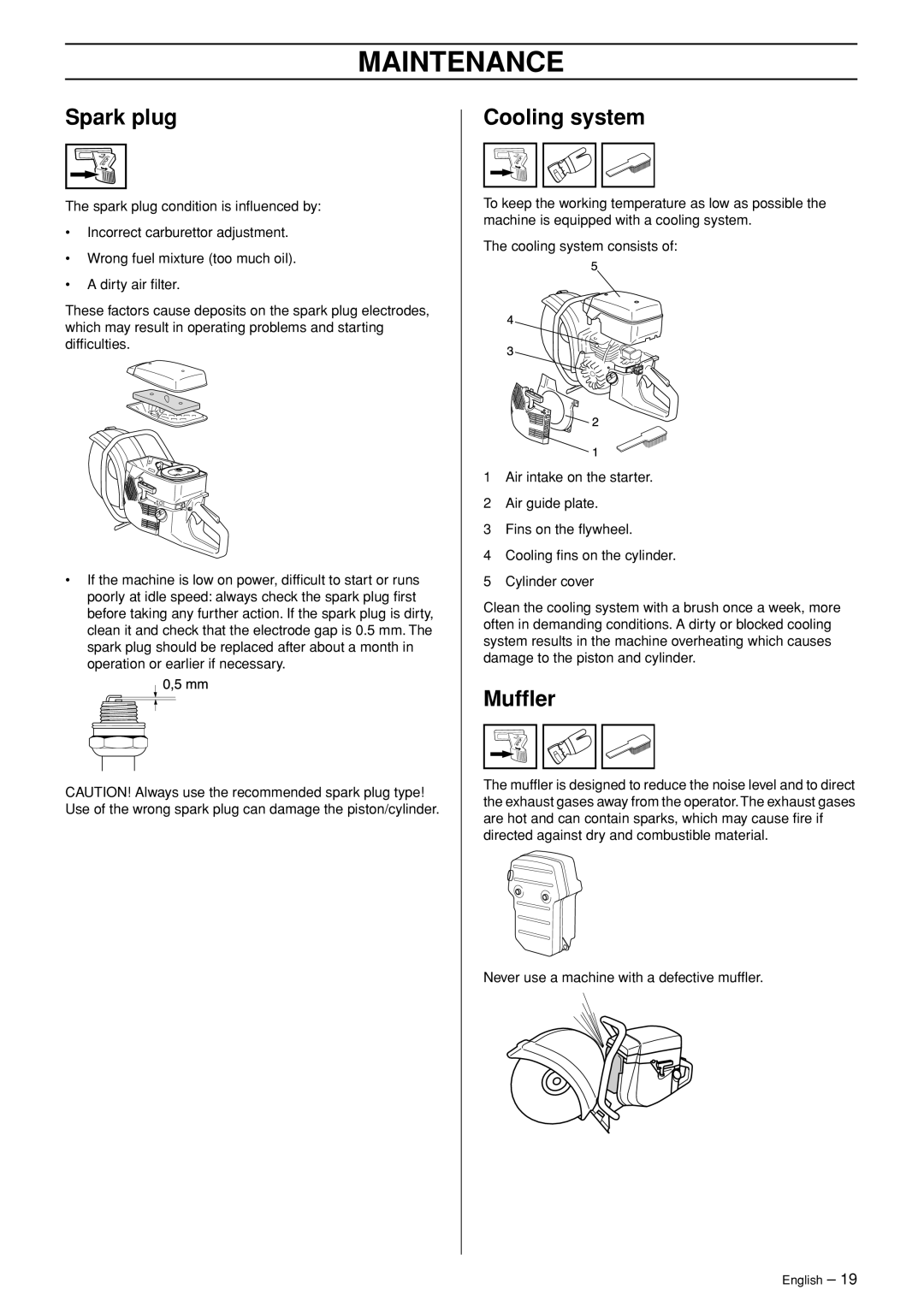 Husqvarna K960 manual Spark plug, Cooling system, Mufﬂer 