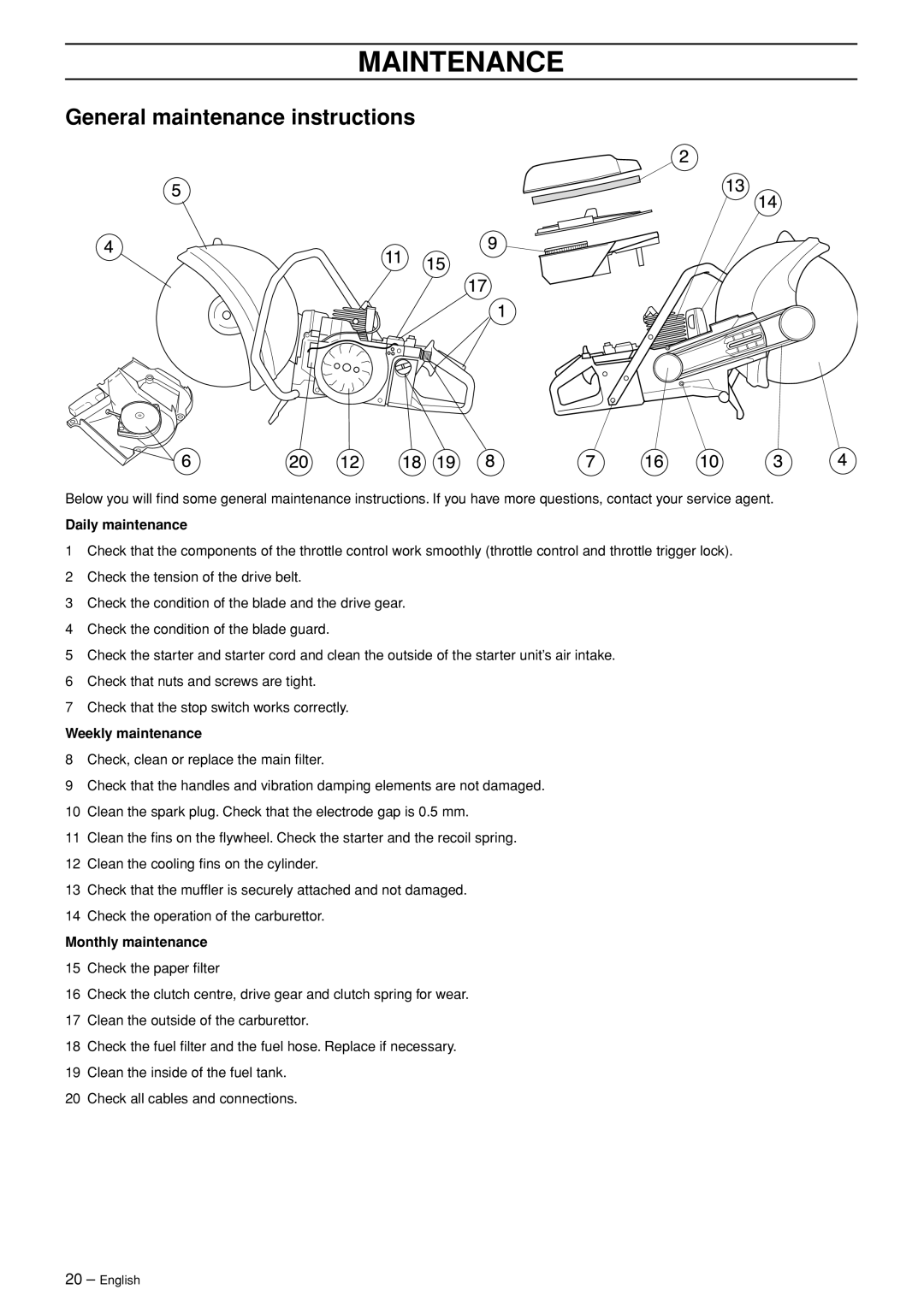 Husqvarna K960 manual General maintenance instructions, Daily maintenance, Weekly maintenance, Monthly maintenance 