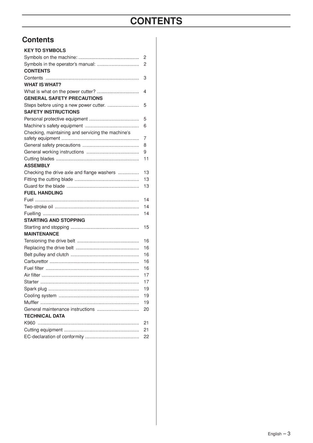 Husqvarna K960 manual Contents 