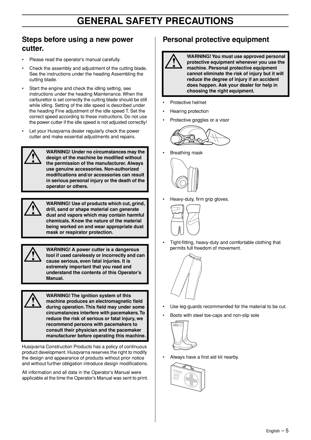 Husqvarna K960 manual General Safety Precautions, Steps before using a new power cutter, Personal protective equipment 