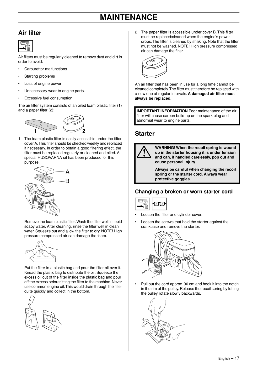 Husqvarna K960 manual Air ﬁlter, Starter, Changing a broken or worn starter cord, Maintenance 