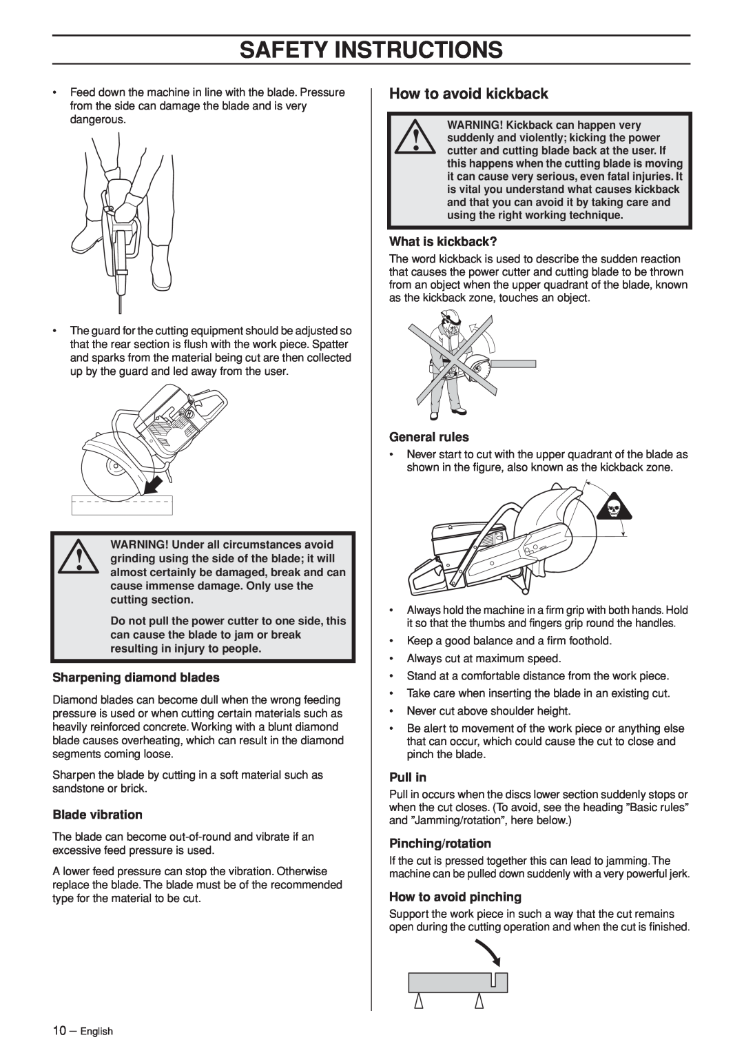 Husqvarna K960 manual How to avoid kickback, Sharpening diamond blades, Blade vibration, What is kickback?, General rules 