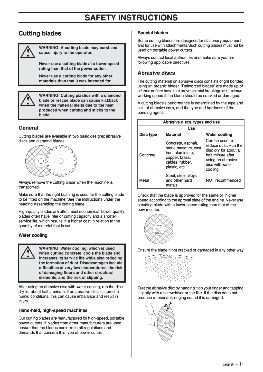 Husqvarna K960 manual Cutting blades, General, Abrasive discs, Water cooling, Hand-held, high-speedmachines, Special blades 