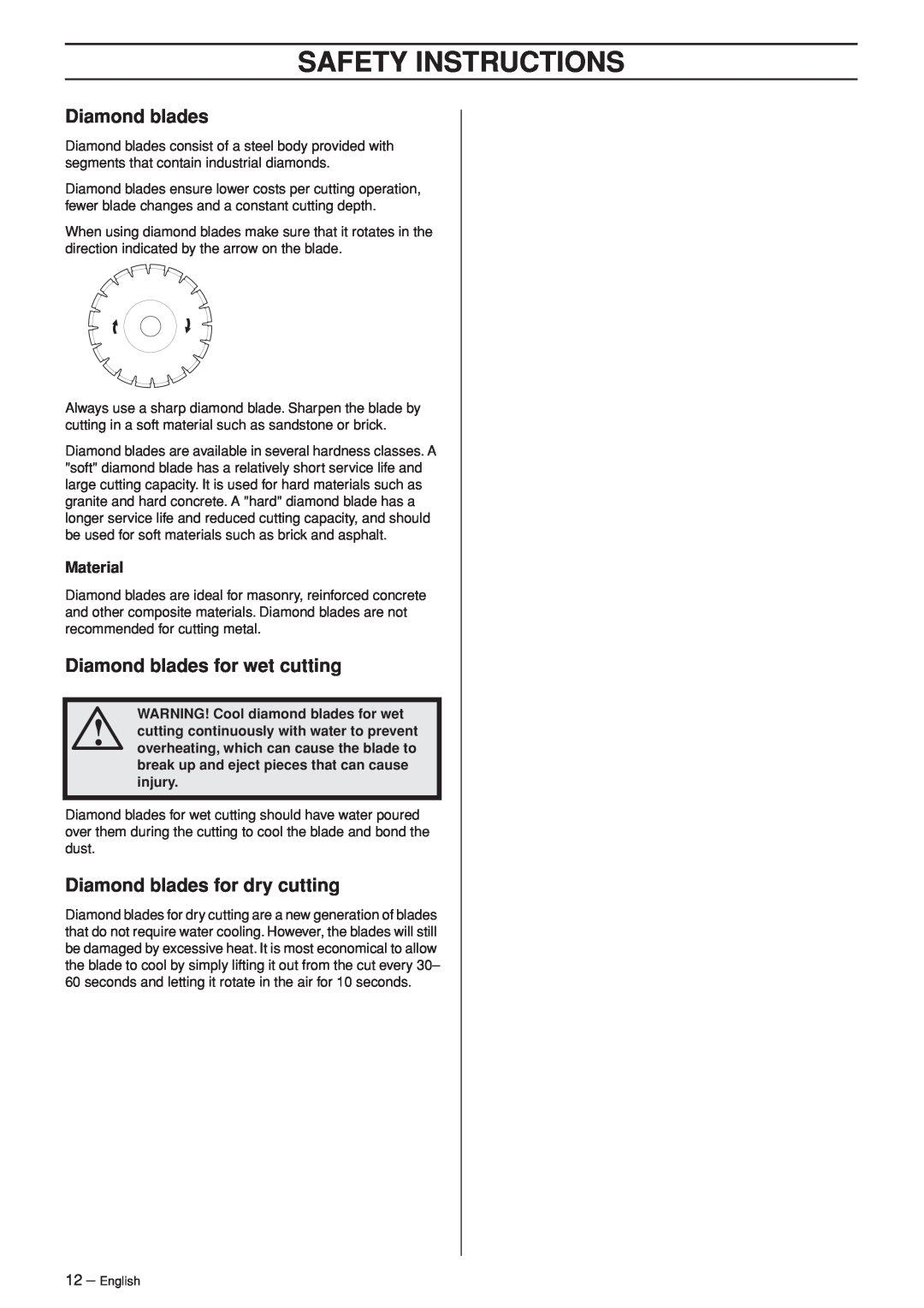 Husqvarna K960 manual Diamond blades for wet cutting, Diamond blades for dry cutting, Material, Safety Instructions 