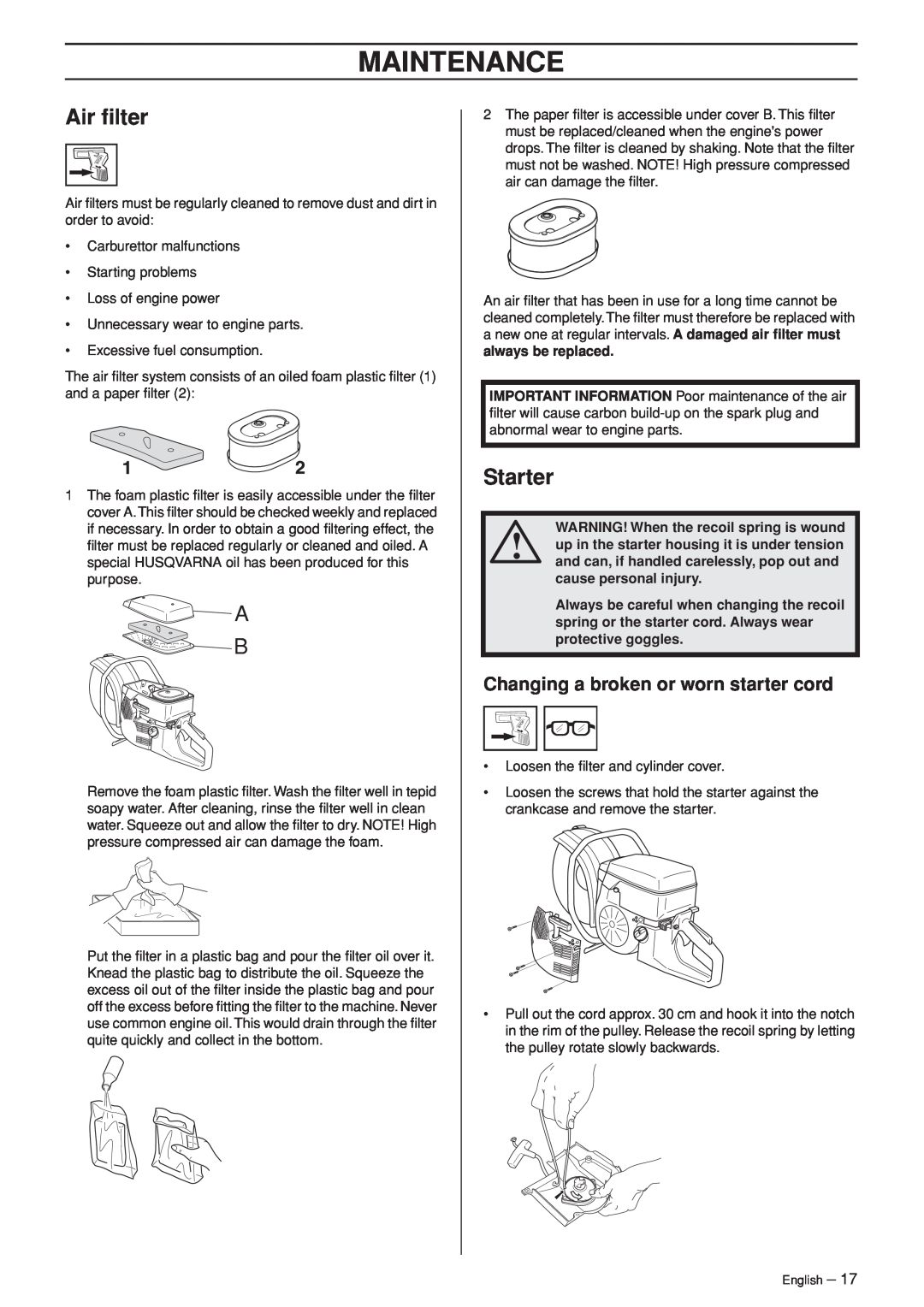 Husqvarna K960 manual Air ﬁlter, Starter, Changing a broken or worn starter cord, Maintenance 