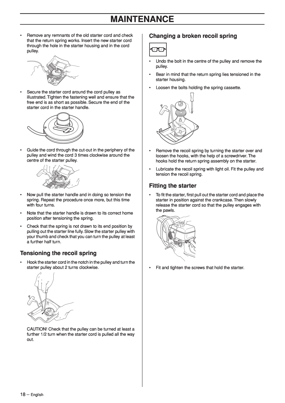 Husqvarna K960 manual Tensioning the recoil spring, Changing a broken recoil spring, Fitting the starter, Maintenance 