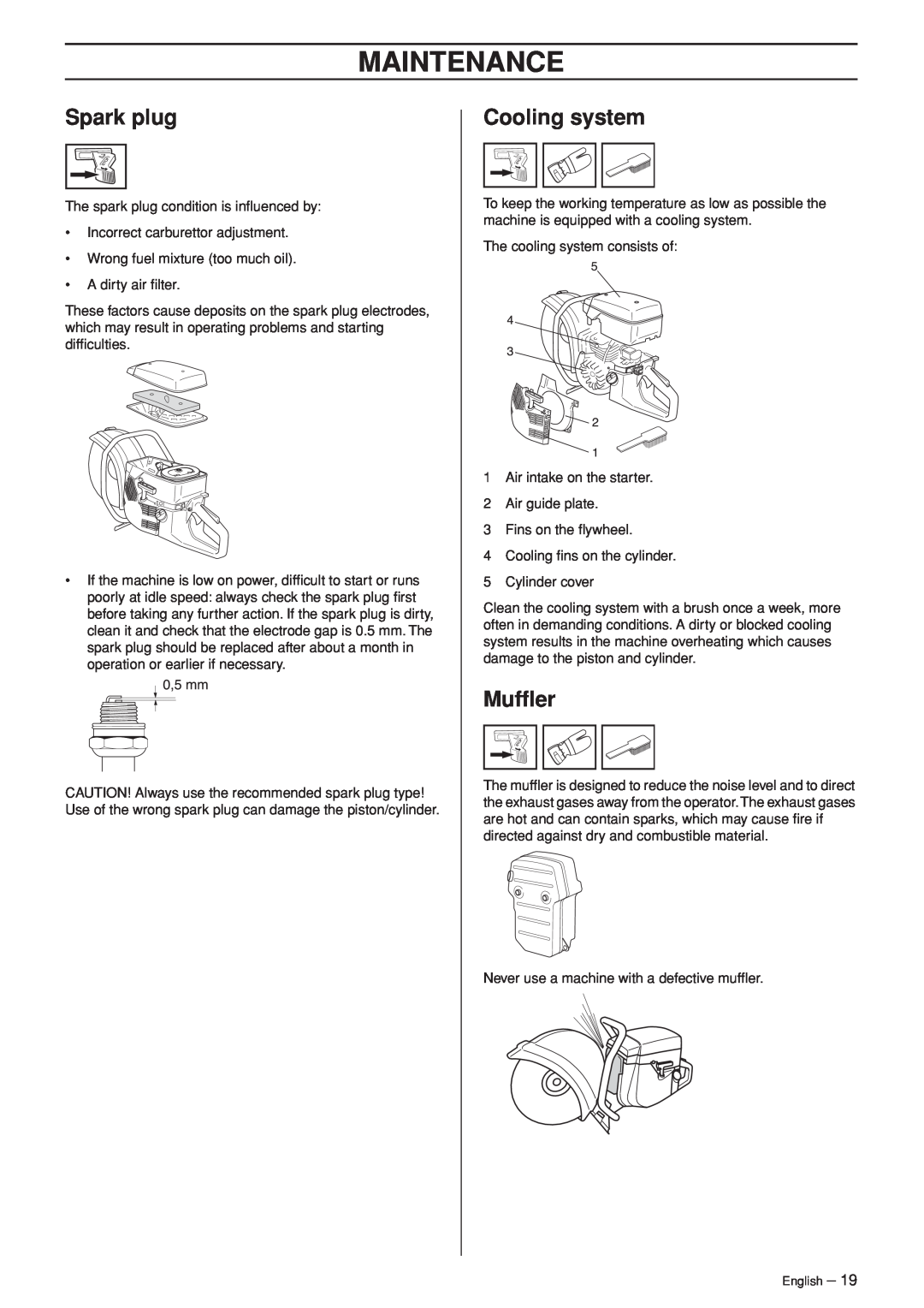 Husqvarna K960 manual Spark plug, Cooling system, Mufﬂer, Maintenance 