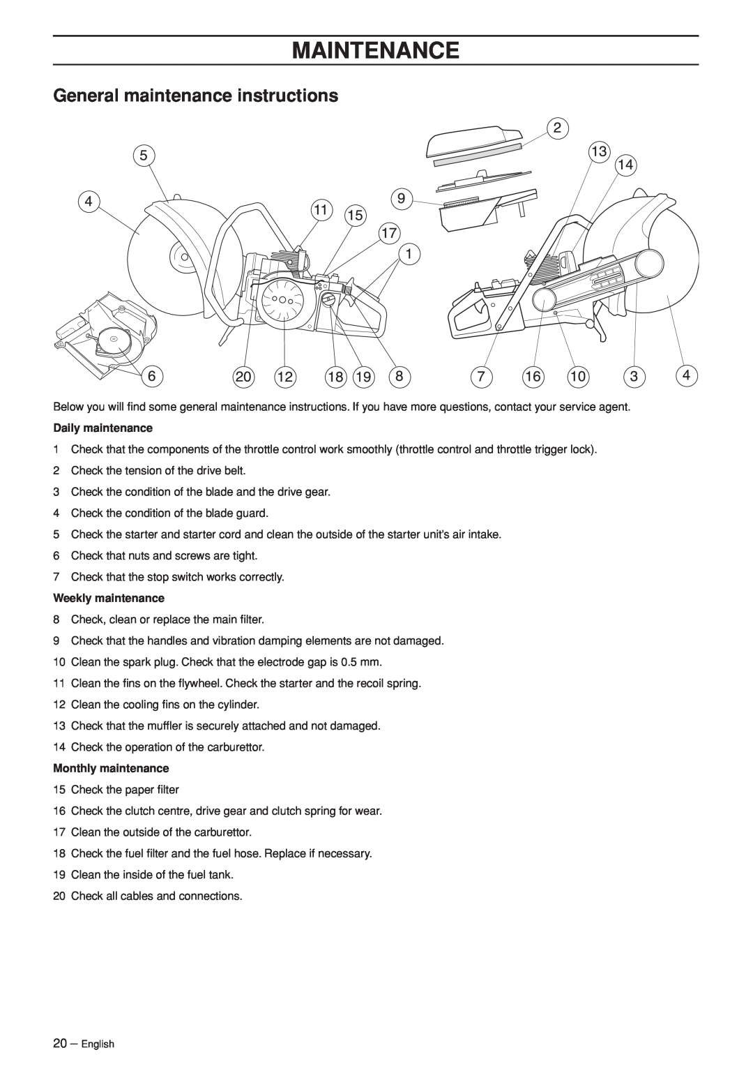 Husqvarna K960 General maintenance instructions, Maintenance, Daily maintenance, Weekly maintenance, Monthly maintenance 