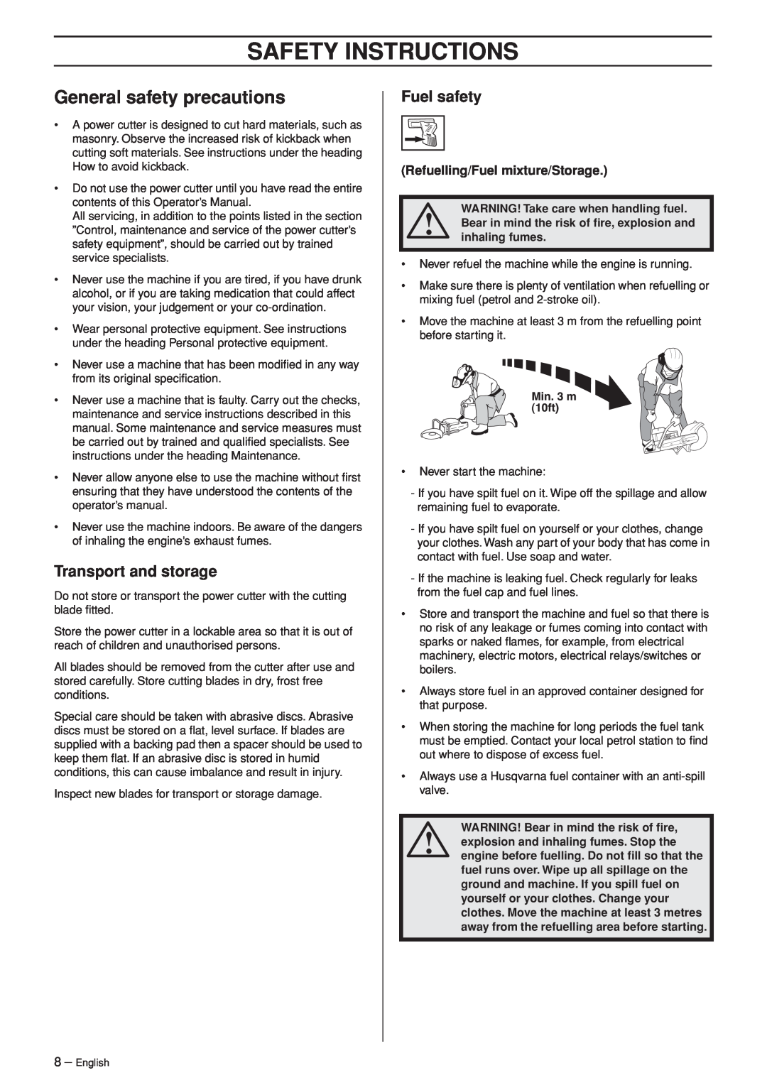 Husqvarna K960 manual General safety precautions, Transport and storage, Fuel safety, Refuelling/Fuel mixture/Storage 