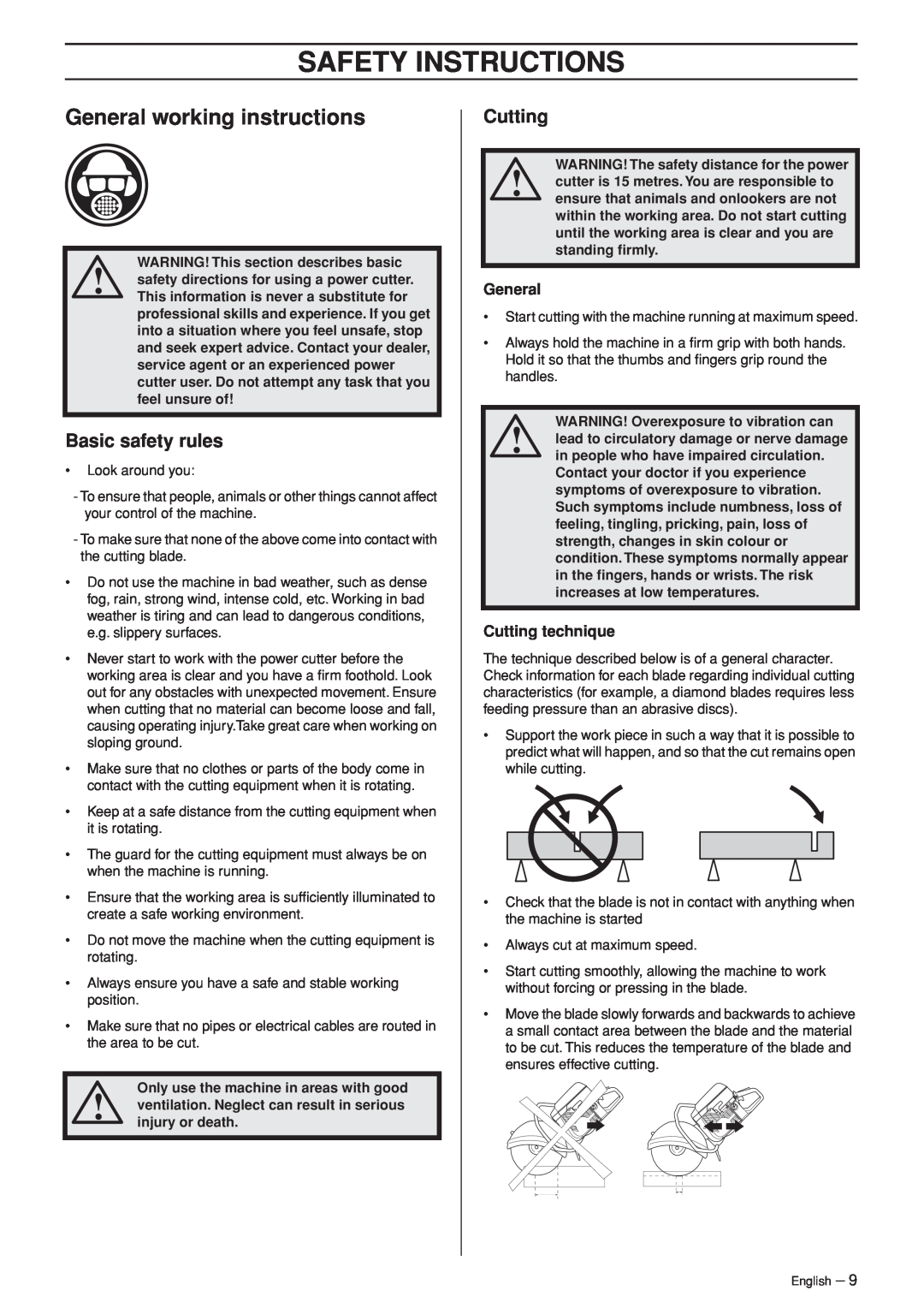 Husqvarna K960 manual General working instructions, Basic safety rules, Cutting technique, Safety Instructions 