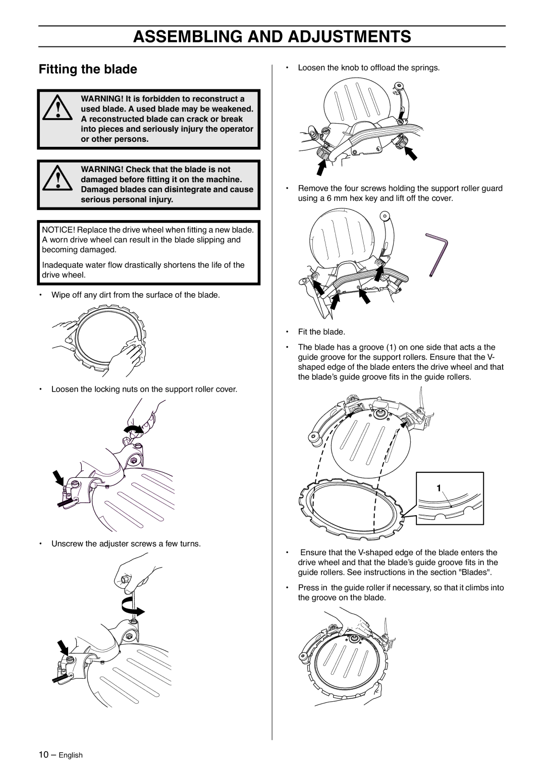 Husqvarna K970 manual Assembling and Adjustments, Fitting the blade 