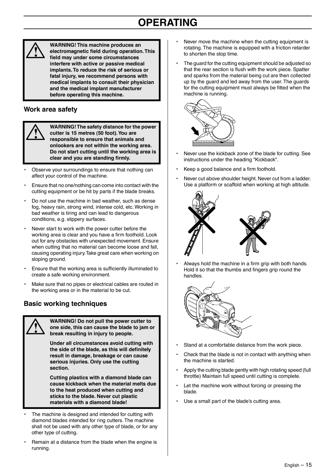 Husqvarna K970 manual Work area safety, Basic working techniques 