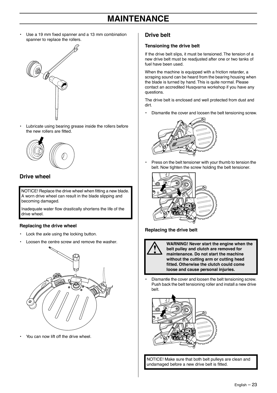 Husqvarna K970 Drive wheel, Drive belt, Replacing the drive wheel, Tensioning the drive belt, Replacing the drive belt 