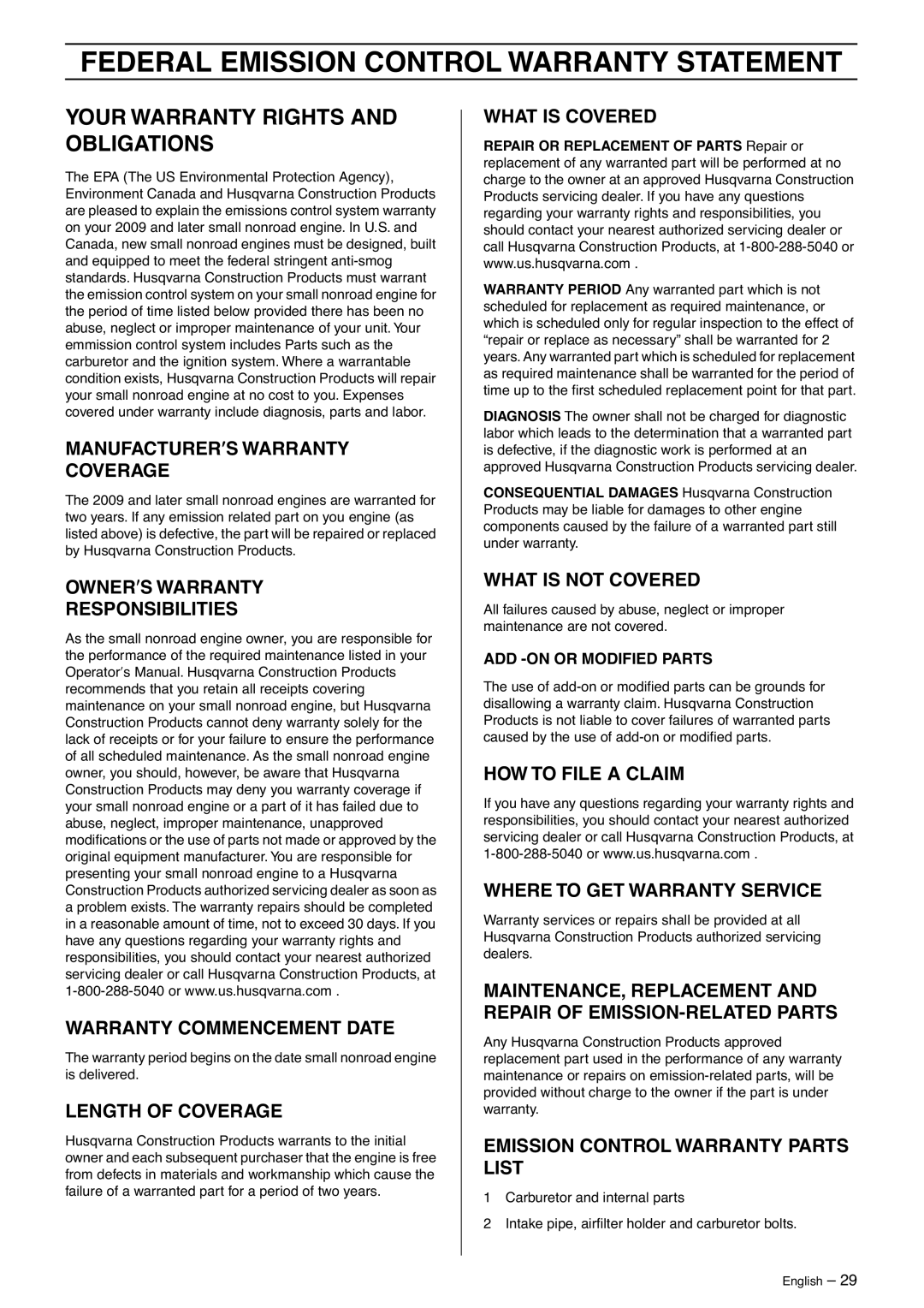 Husqvarna K970 manual Federal Emission Control Warranty Statement, Your Warranty Rights and Obligations 