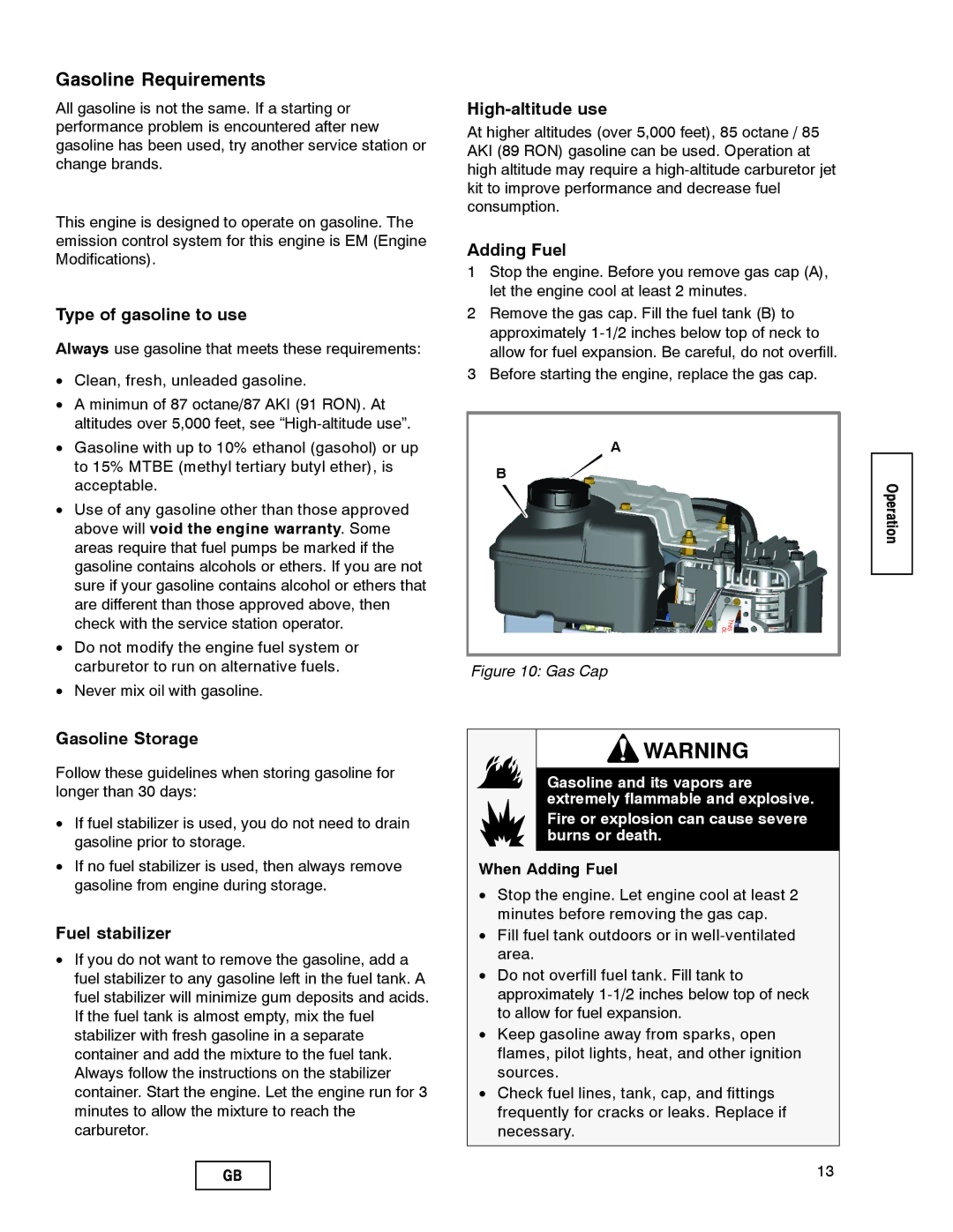 Husqvarna LE389 manual Gasoline Requirements, Type of gasoline to use 