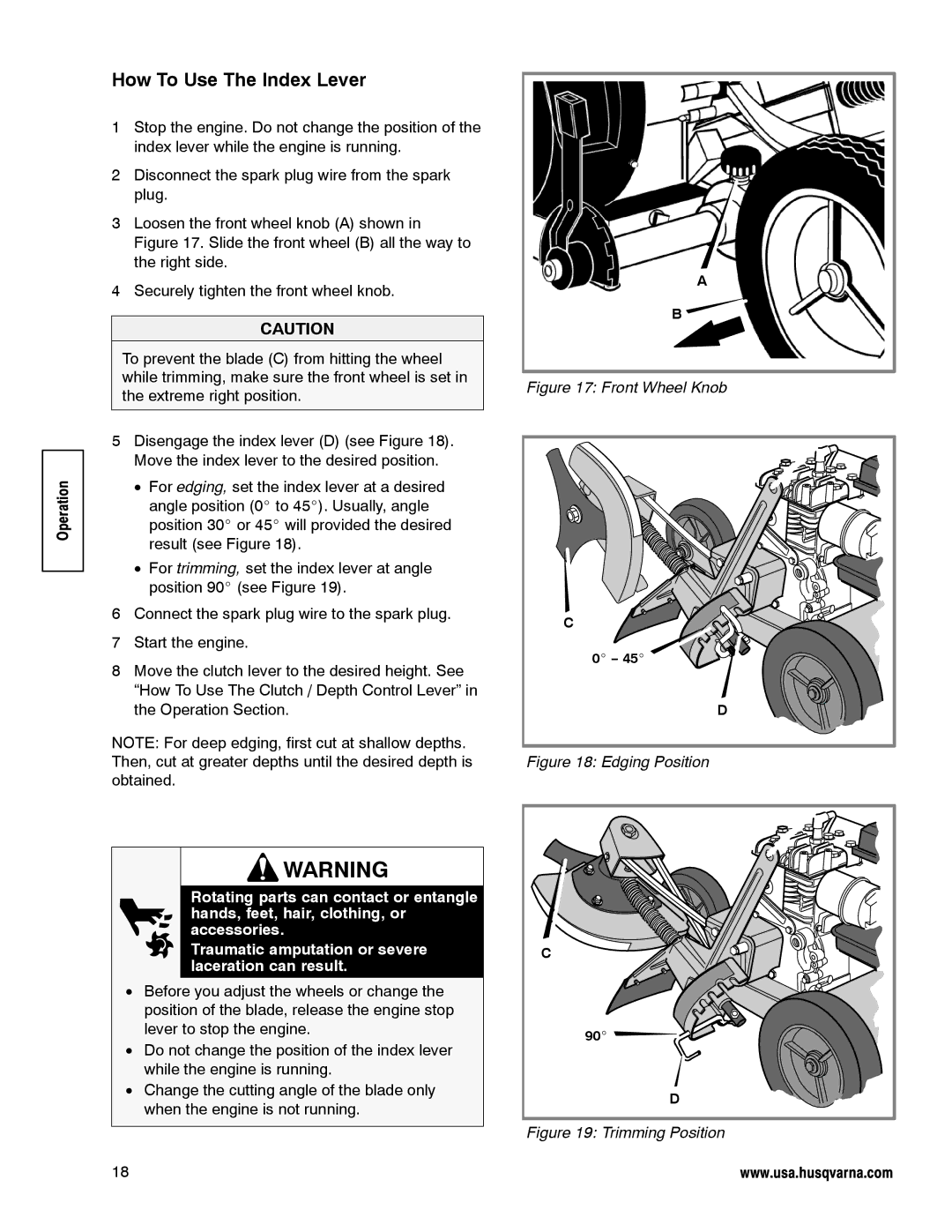 Husqvarna LE389 manual How To Use The Index Lever, Front Wheel Knob 