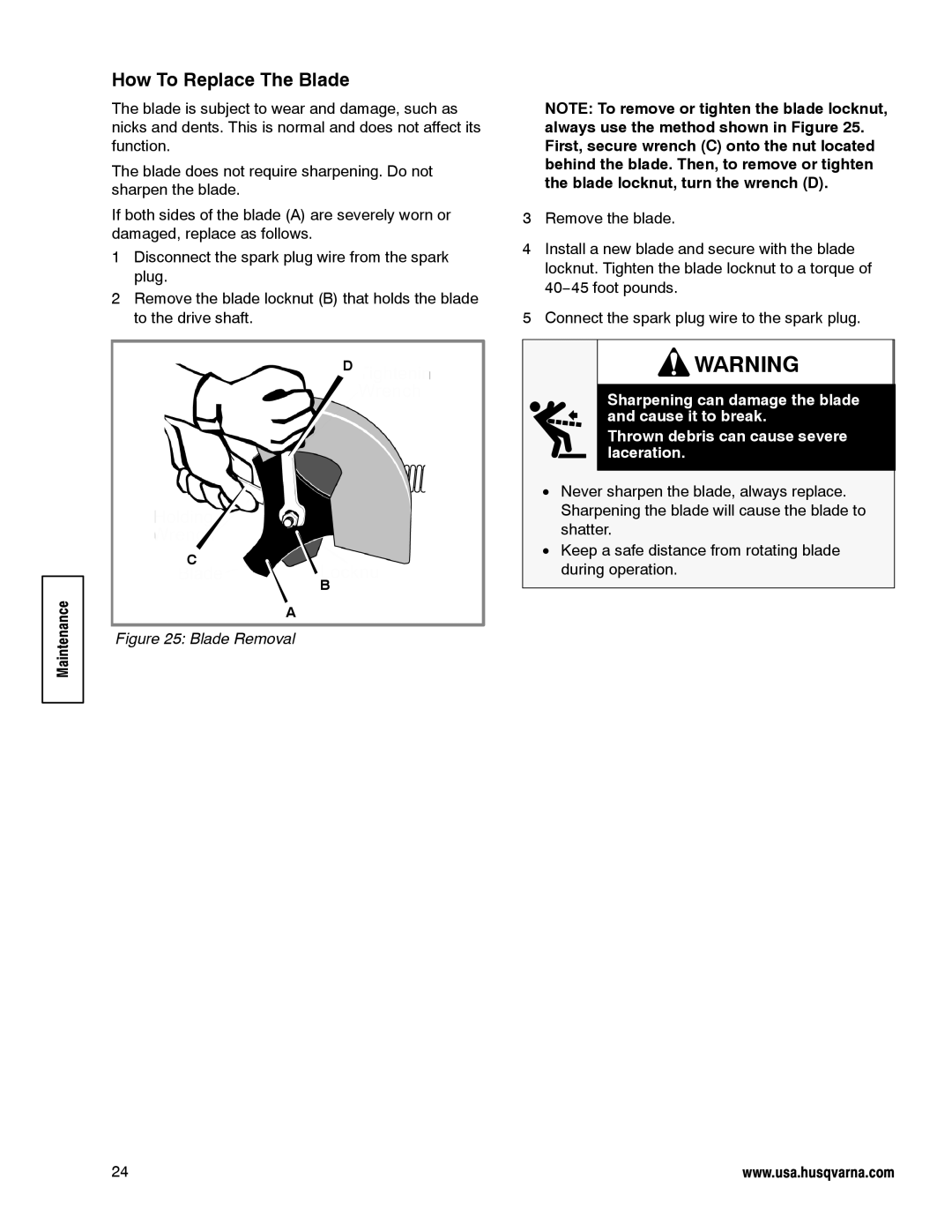 Husqvarna LE389 manual How To Replace The Blade, Blade Removal 