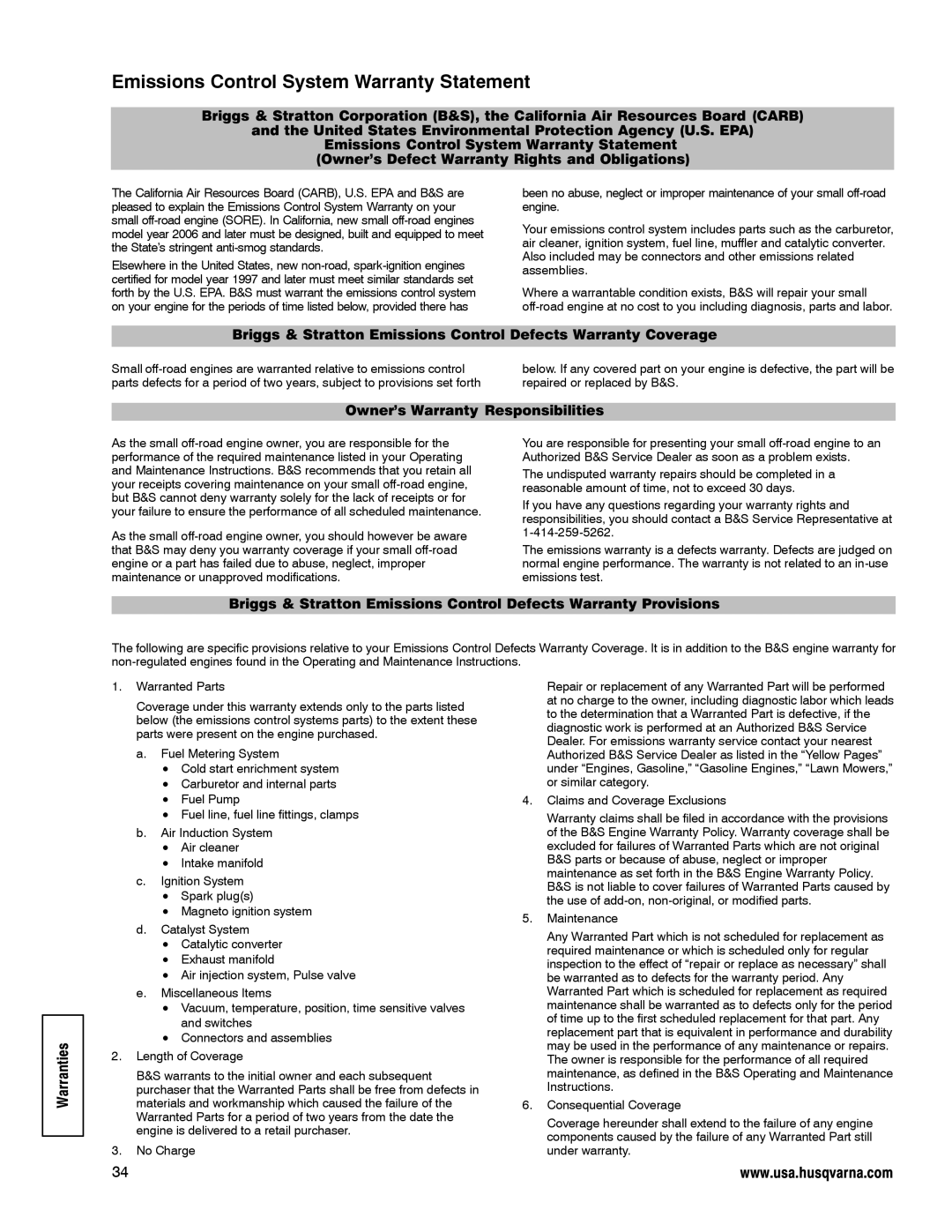 Husqvarna LE389 manual Emissions Control System Warranty Statement, Owner’s Warranty Responsibilities 