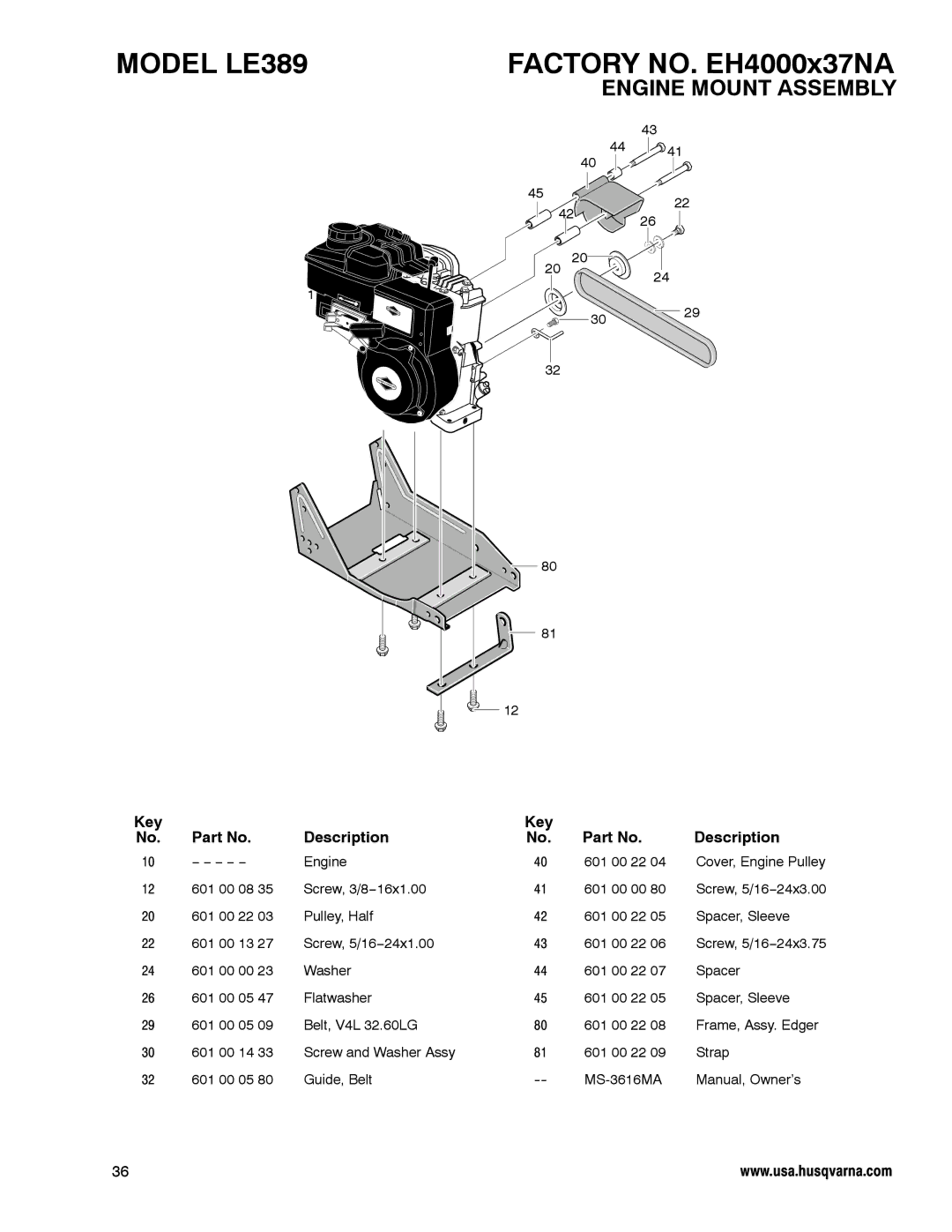 Husqvarna LE389 manual Engine Mount Assembly, Key Description 