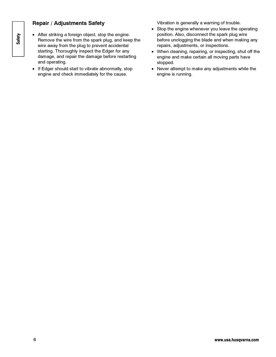 Husqvarna LE389 manual Repair / Adjustments Safety 