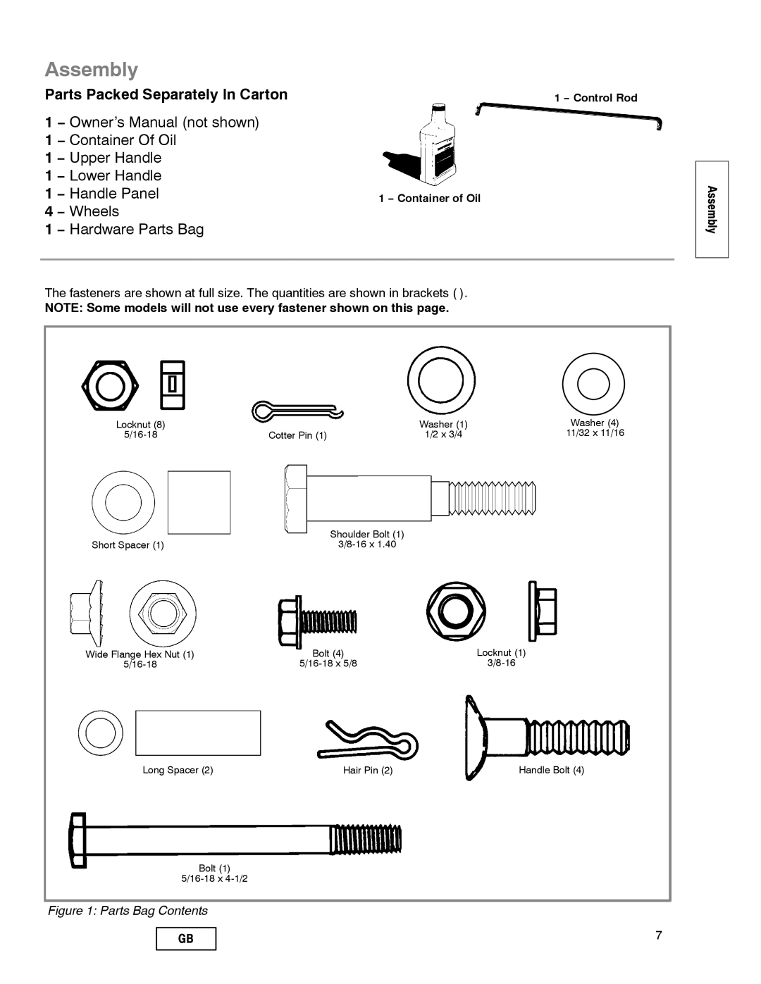 Husqvarna LE389 manual Assembly, Parts Packed Separately In Carton, Wheels − Hardware Parts Bag 