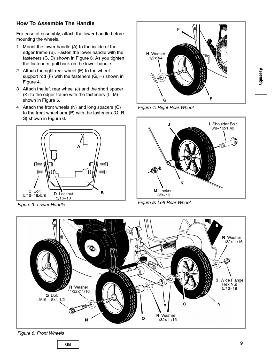 Husqvarna LE389 manual How To Assemble The Handle, Lower Handle, Right Rear Wheel, Left Rear Wheel, Front Wheels 