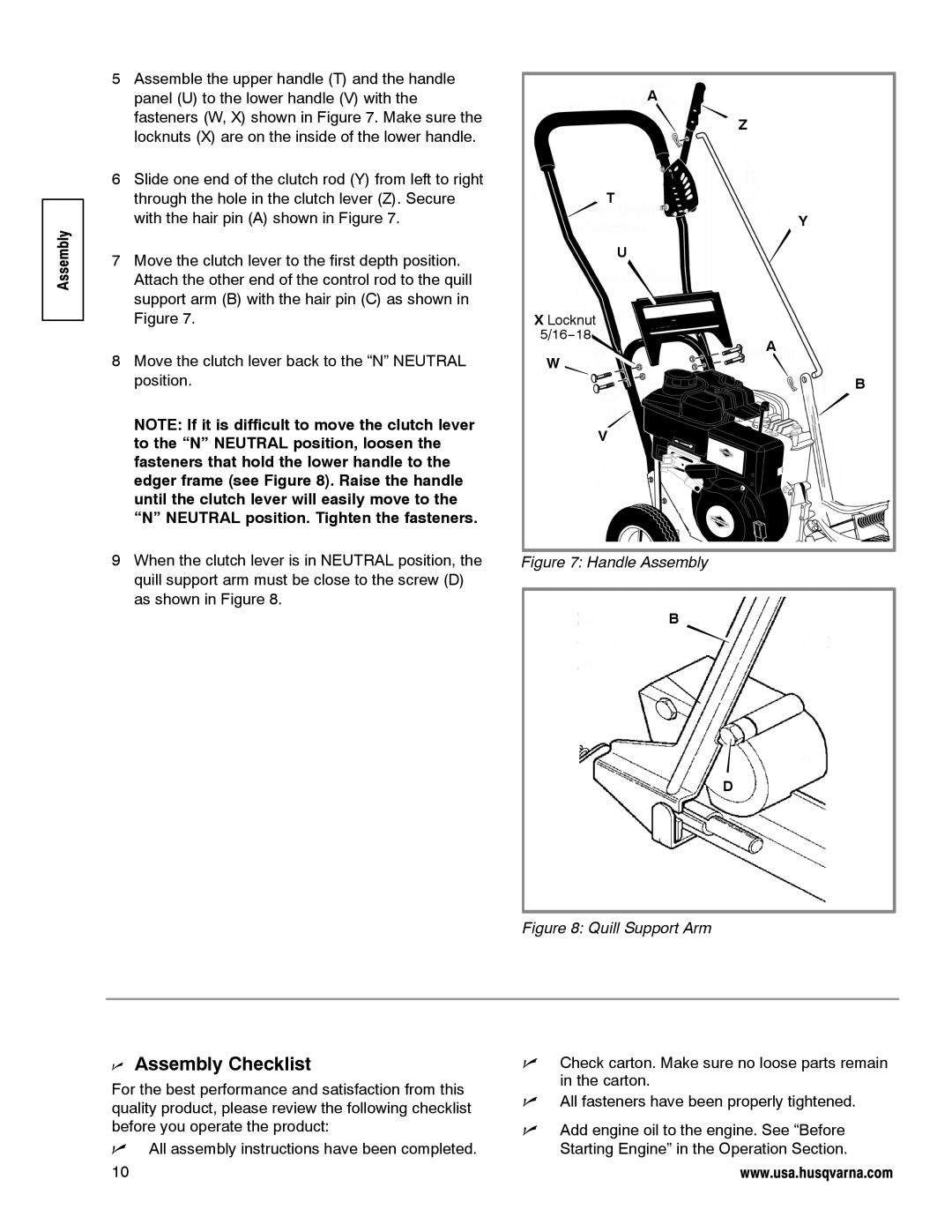 Husqvarna LE389 manual n Assembly Checklist, Handle Assembly, Quill Support Arm 
