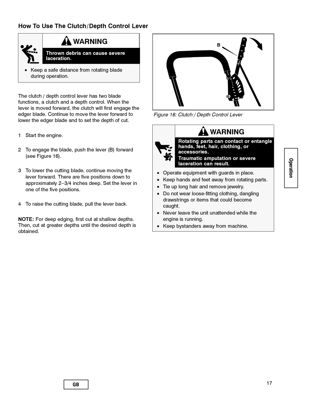 Husqvarna LE389 manual How To Use The Clutch/Depth Control Lever, Thrown debris can cause severe laceration 