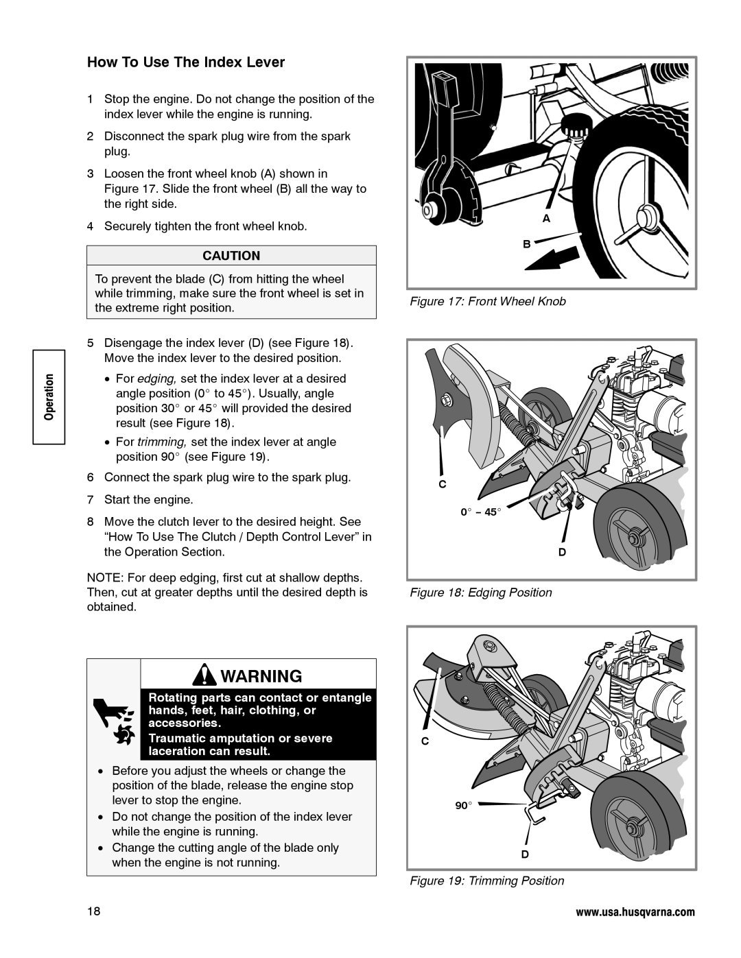 Husqvarna LE389 manual How To Use The Index Lever, Front Wheel Knob, Edging Position, Trimming Position 