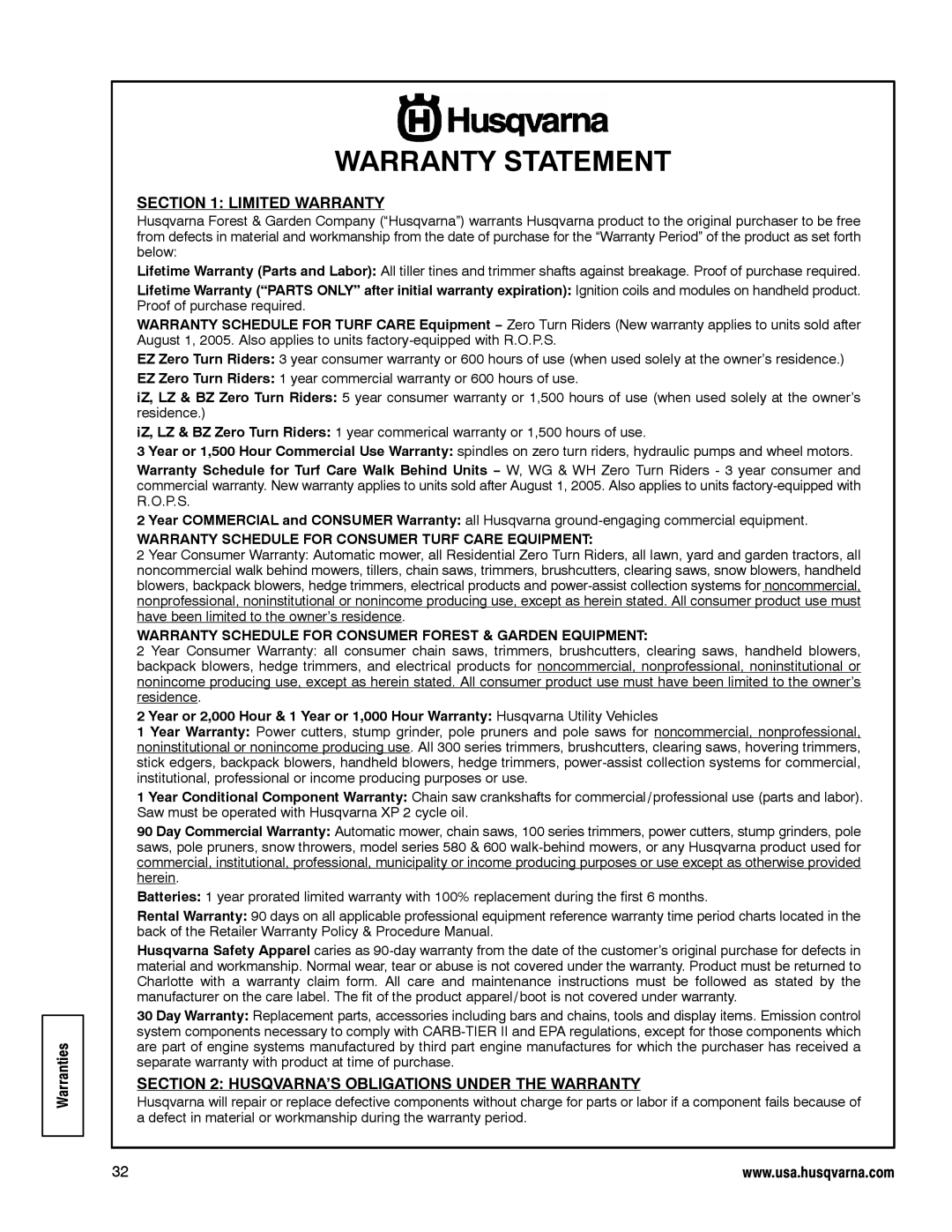 Husqvarna LE389 manual Warranty Statement, Warranties, Limited Warranty, Husqvarna’S Obligations Under The Warranty 
