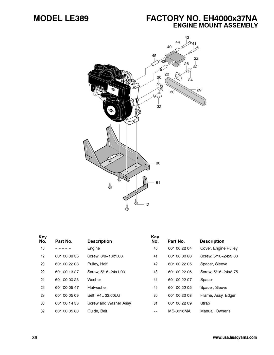 Husqvarna manual MODEL LE389, FACTORY NO. EH4000x37NA, Engine Mount Assembly, Description 