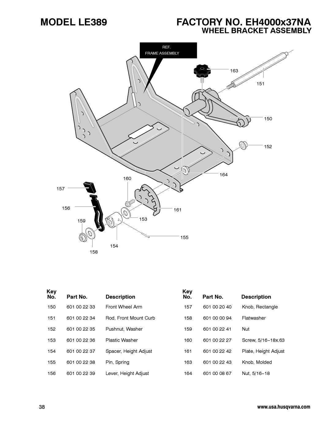 Husqvarna manual MODEL LE389, FACTORY NO. EH4000x37NA, Wheel Bracket Assembly, Description 