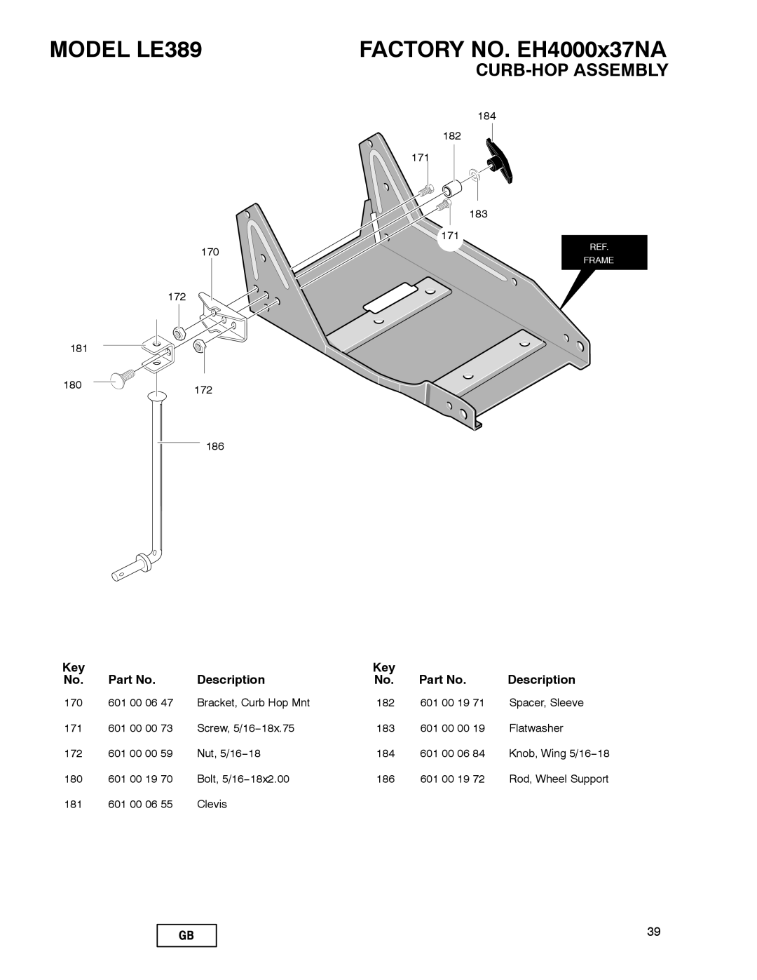 Husqvarna manual Curb-Hop Assembly, MODEL LE389, FACTORY NO. EH4000x37NA, Description 