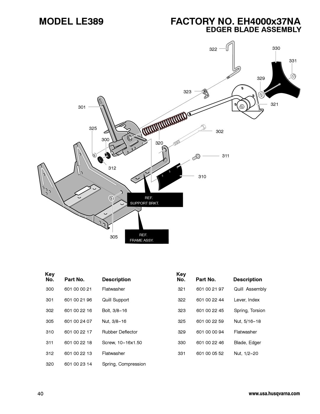Husqvarna manual Edger Blade Assembly, MODEL LE389, FACTORY NO. EH4000x37NA, Description 
