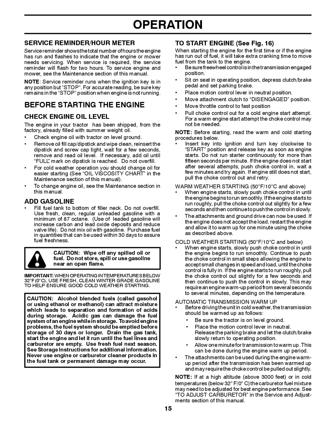 Husqvarna LGT24K54 Before Starting the Engine, Service REMINDER/HOUR Meter, Check Engine OIL Level, ADD Gasoline 