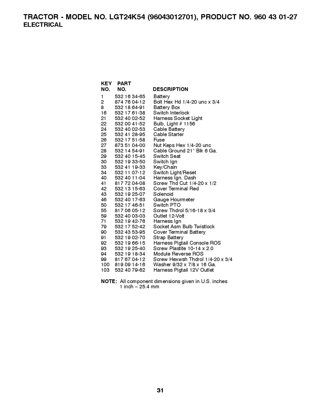 Husqvarna LGT24K54 owner manual KEY Part Description 