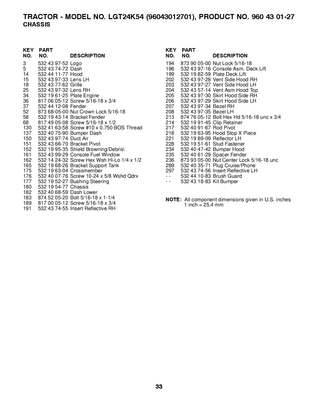 Husqvarna owner manual Tractor Model NO. LGT24K54 96043012701, Product no 43 