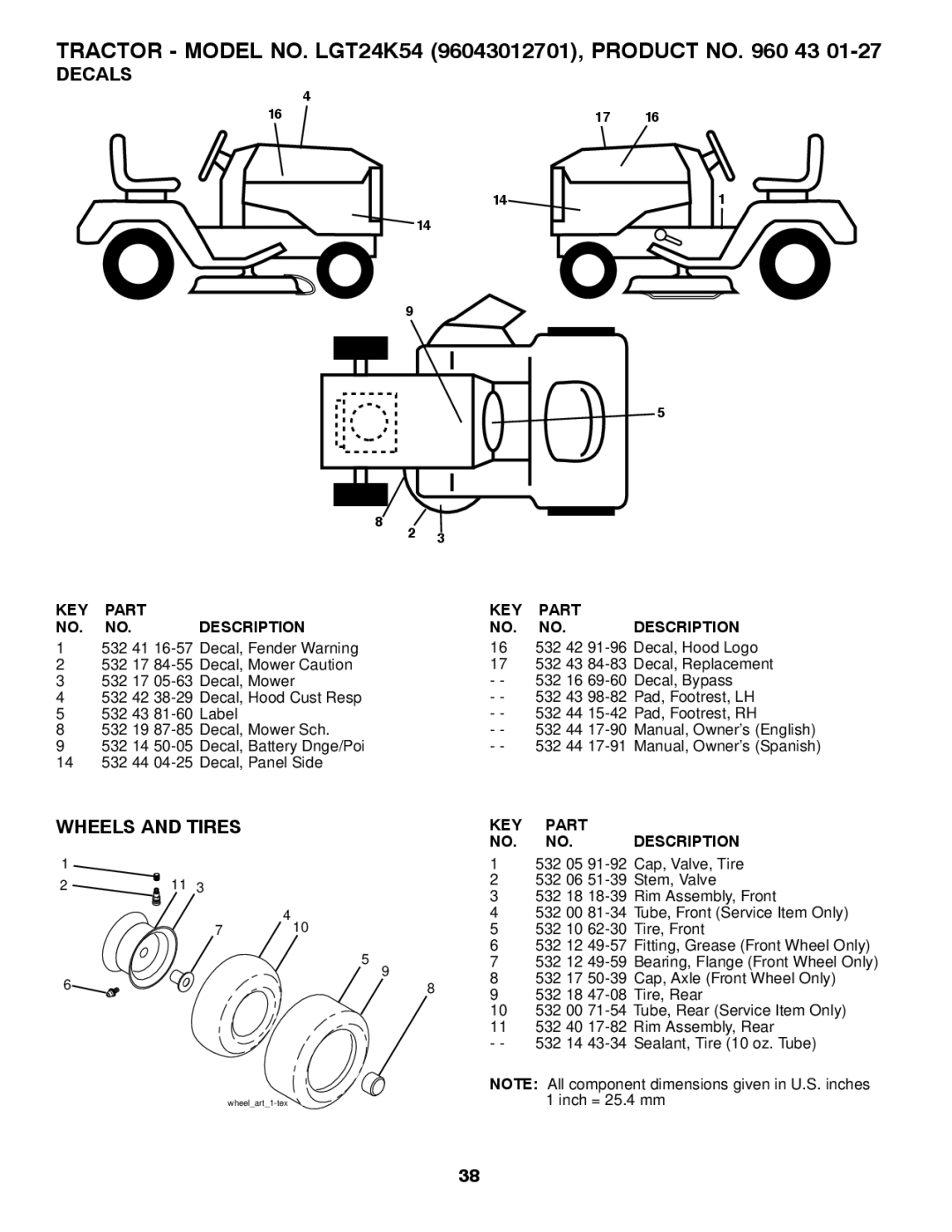 Husqvarna LGT24K54 owner manual Decals, Wheels and Tires 