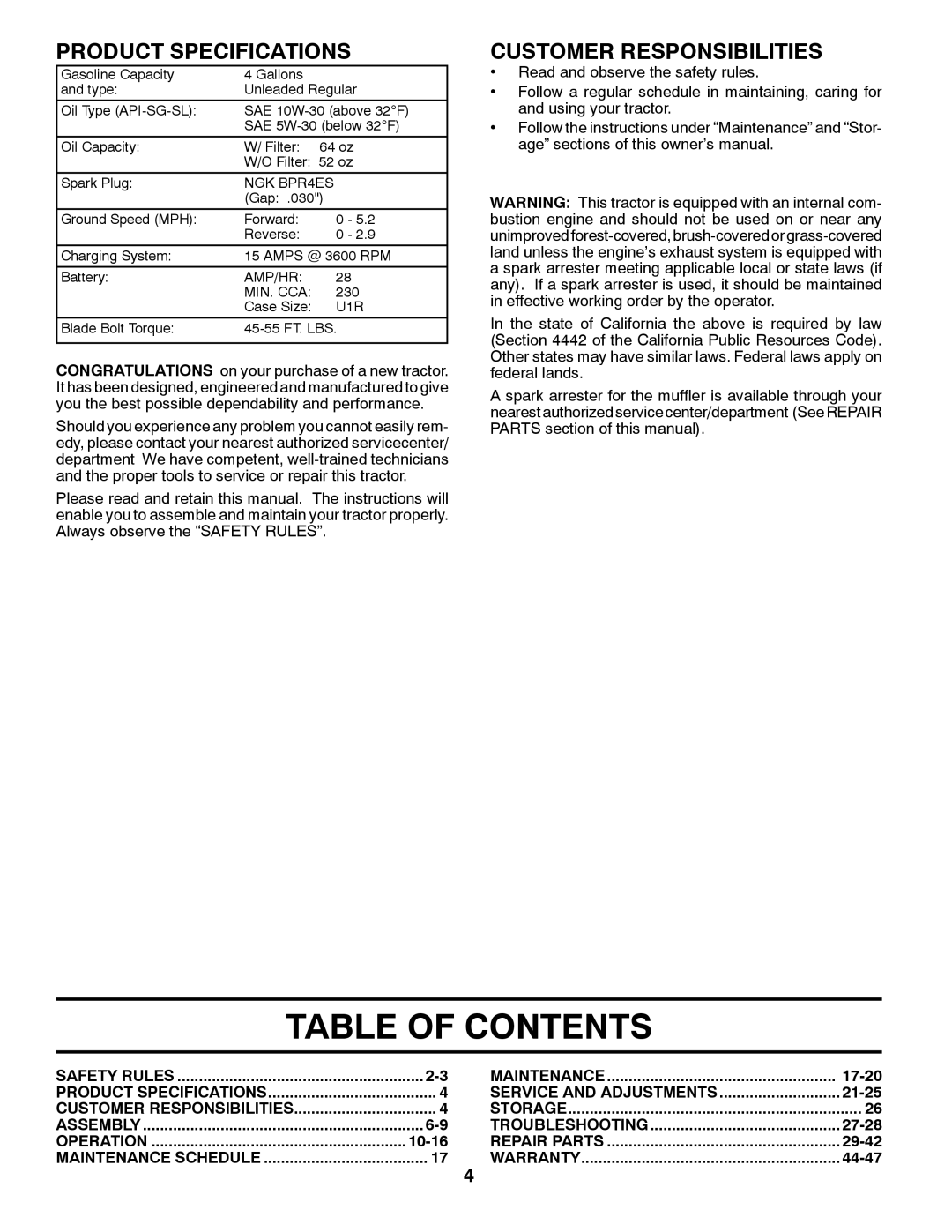 Husqvarna LGT24K54 owner manual Table of Contents 